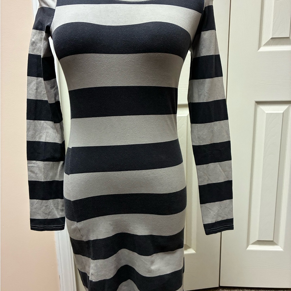 Divided Size Small Black and Gray Striped Long Sleeve Dress